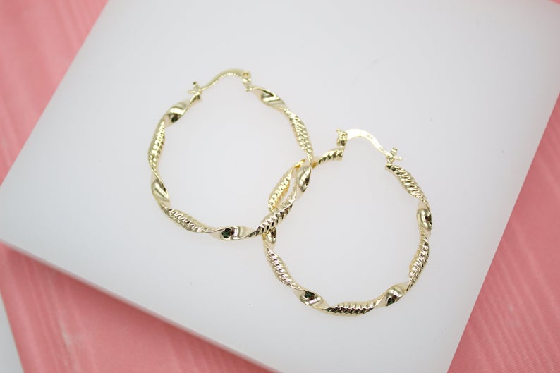 18K Gold Filled Large Twisted Leverback Hoop Earrings