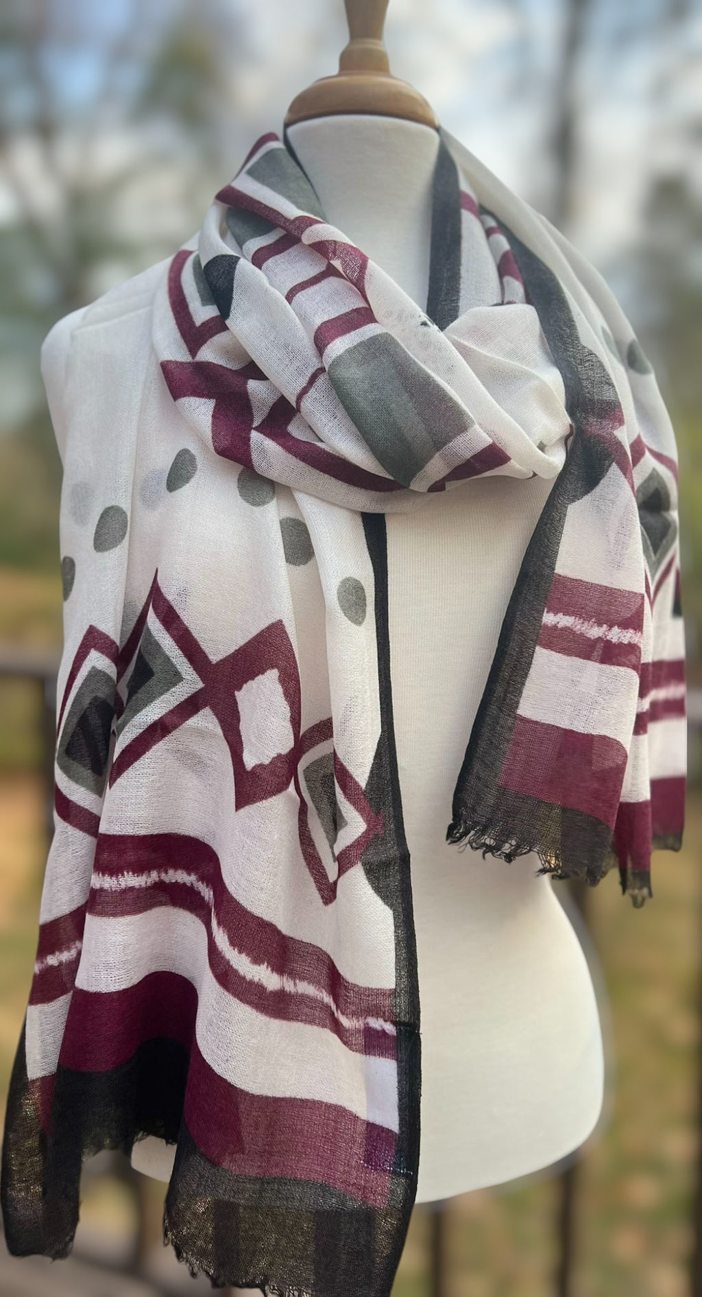 Burgundy and Gray Diamond Hand Painted Wool Print Scarf