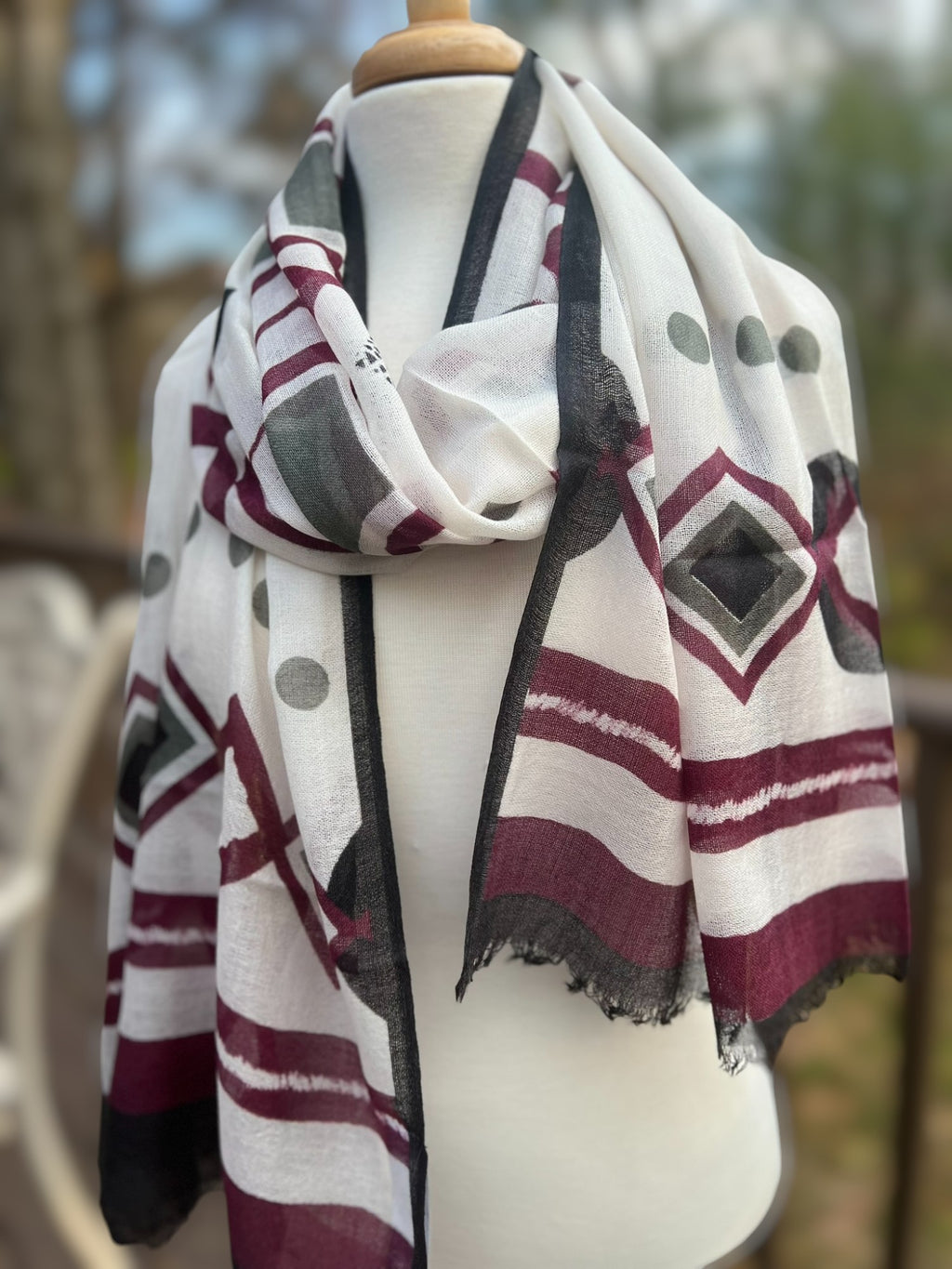 Burgundy and Gray Diamond Hand Painted Wool Print Scarf