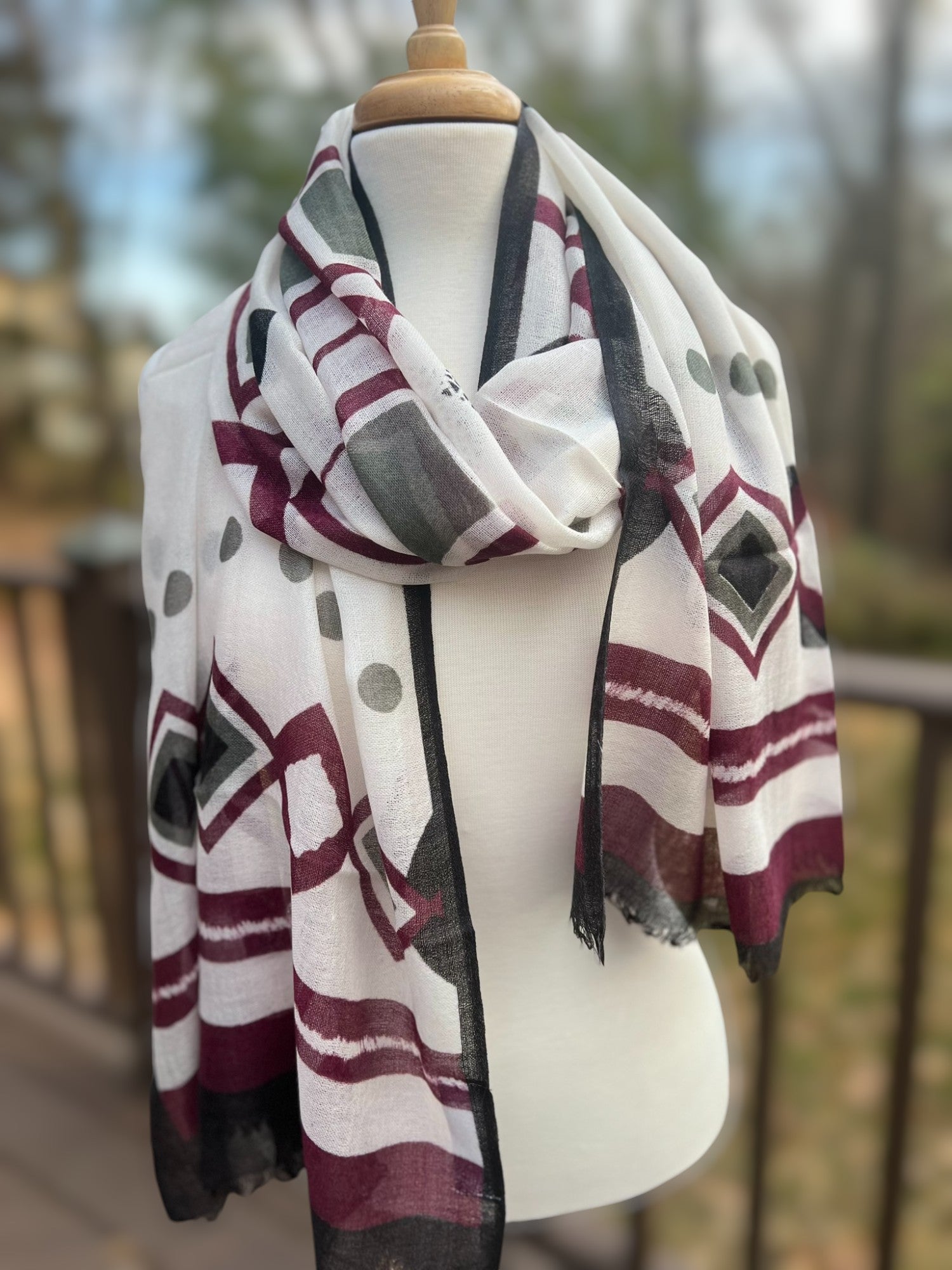 Burgundy and Gray Diamond Hand Painted Wool Print Scarf