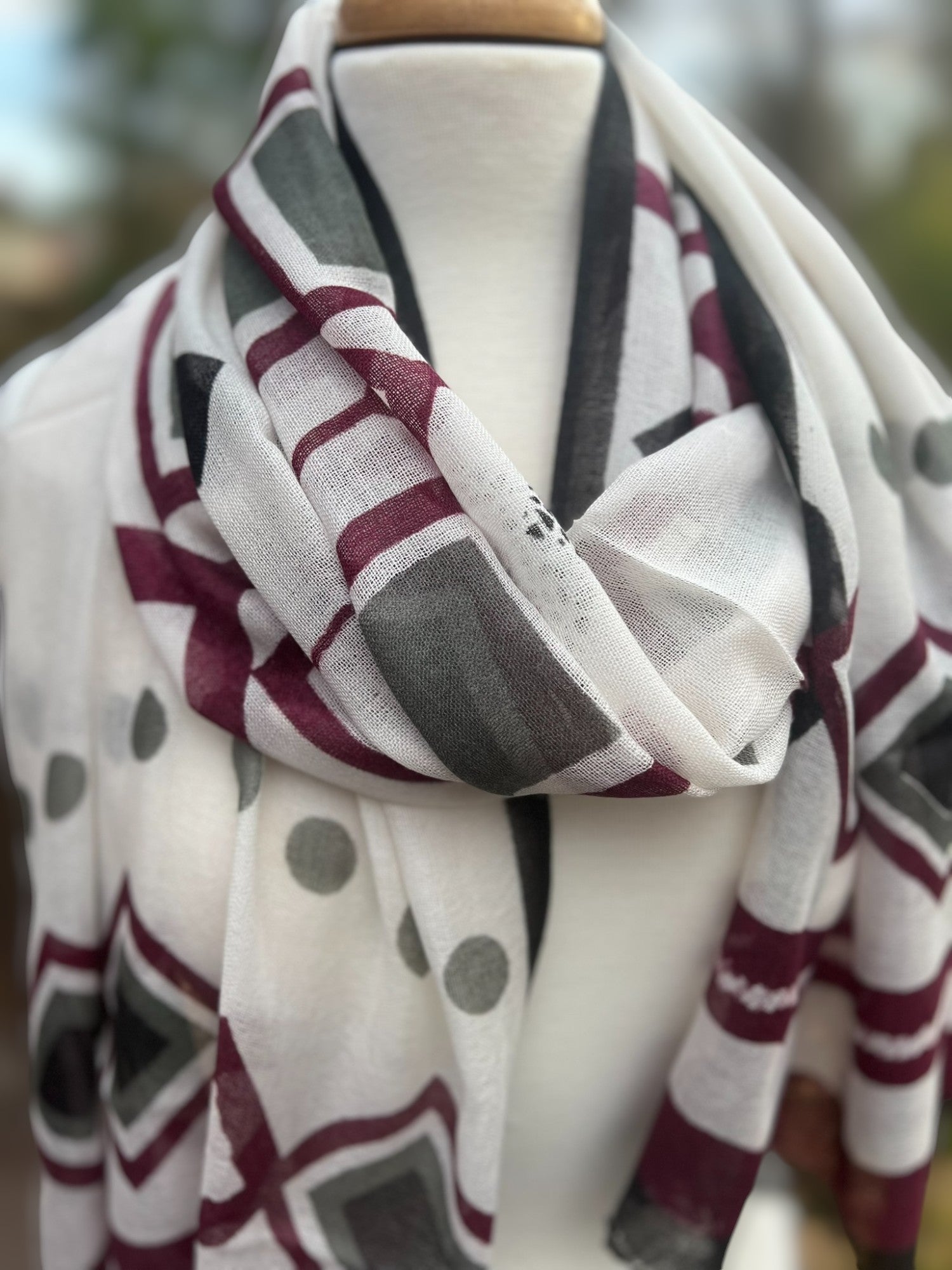 Burgundy and Gray Diamond Hand Painted Wool Print Scarf