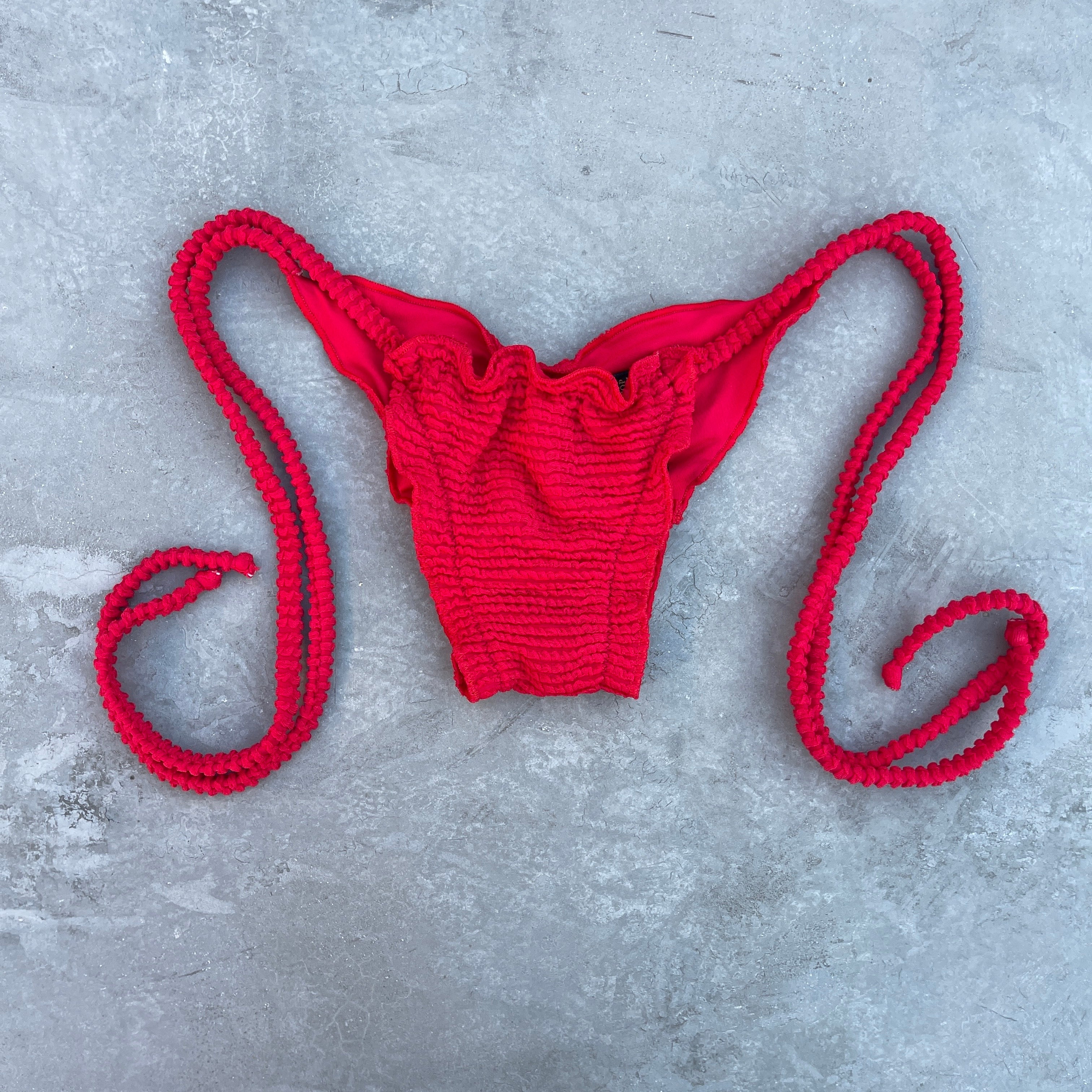 Mexican Chili Red Textured Ripple Side Tie Bikini Bottom