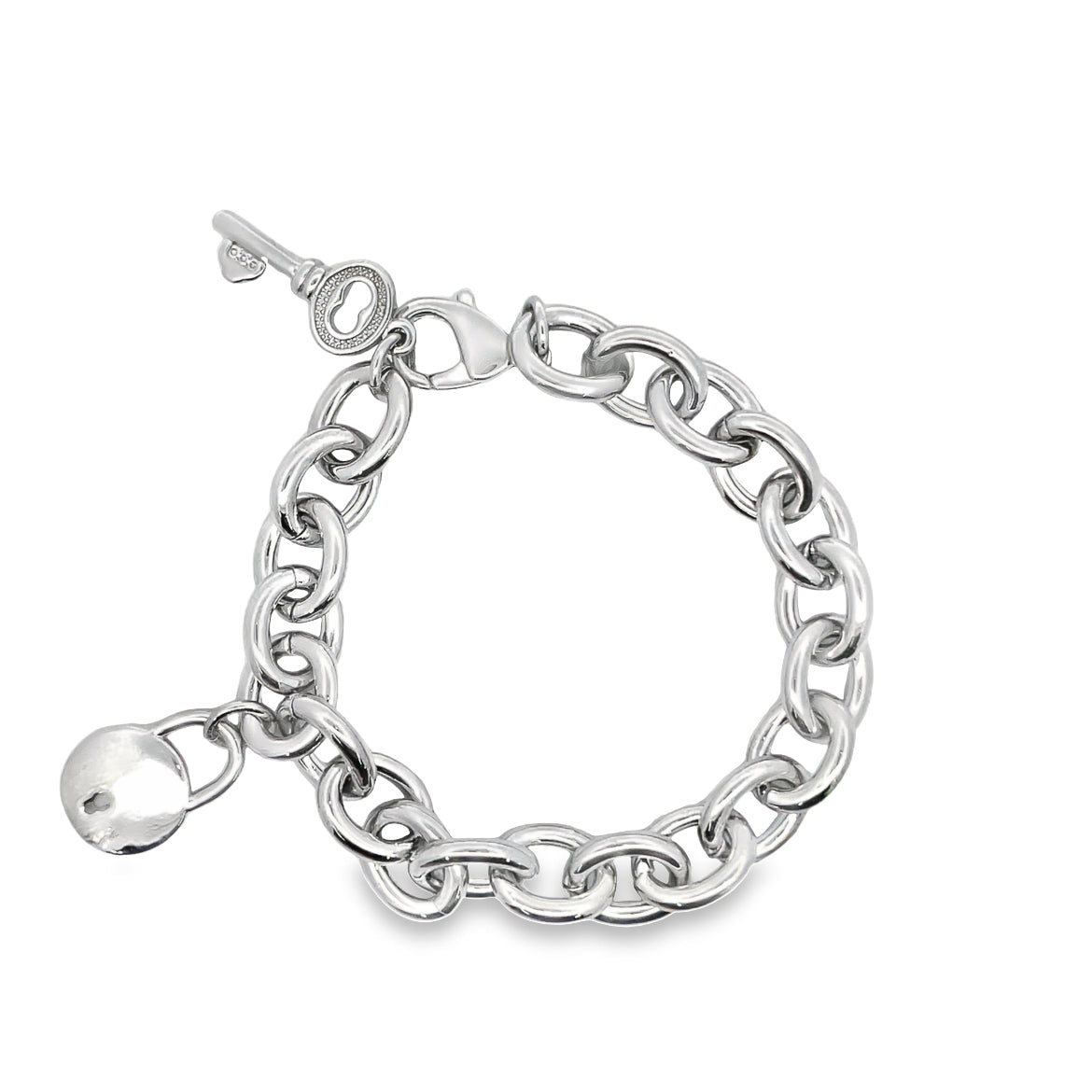 12mm Rolo Round Link Bracelet With Lock & Key Charms (I366)