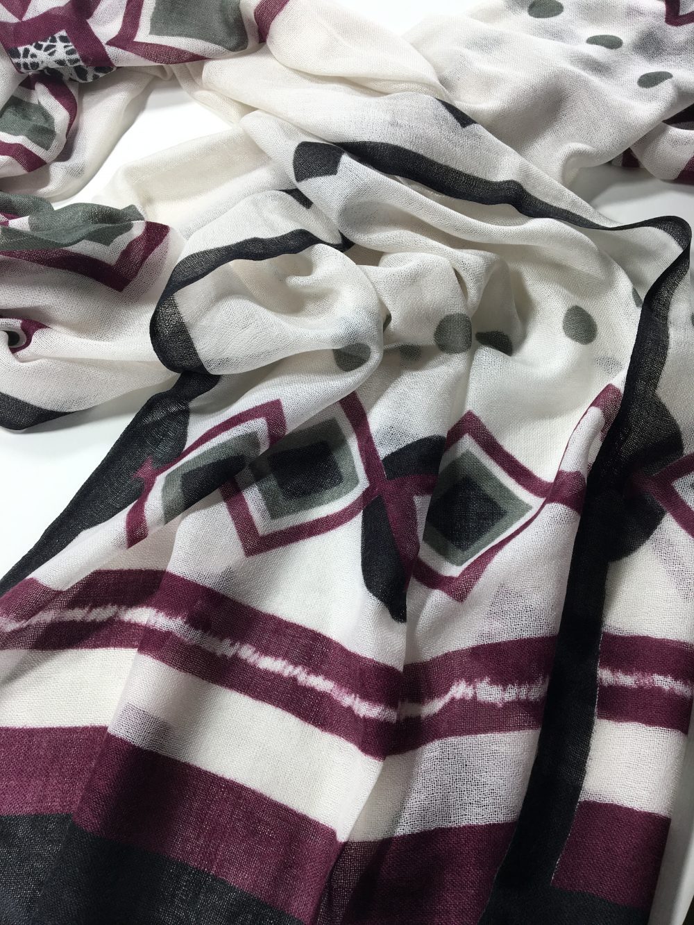 Burgundy and Gray Diamond Hand Painted Wool Print Scarf