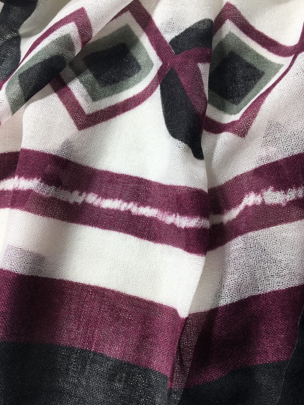 Burgundy and Gray Diamond Hand Painted Wool Print Scarf