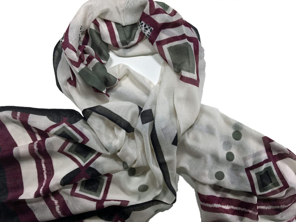 Burgundy and Gray Diamond Hand Painted Wool Print Scarf