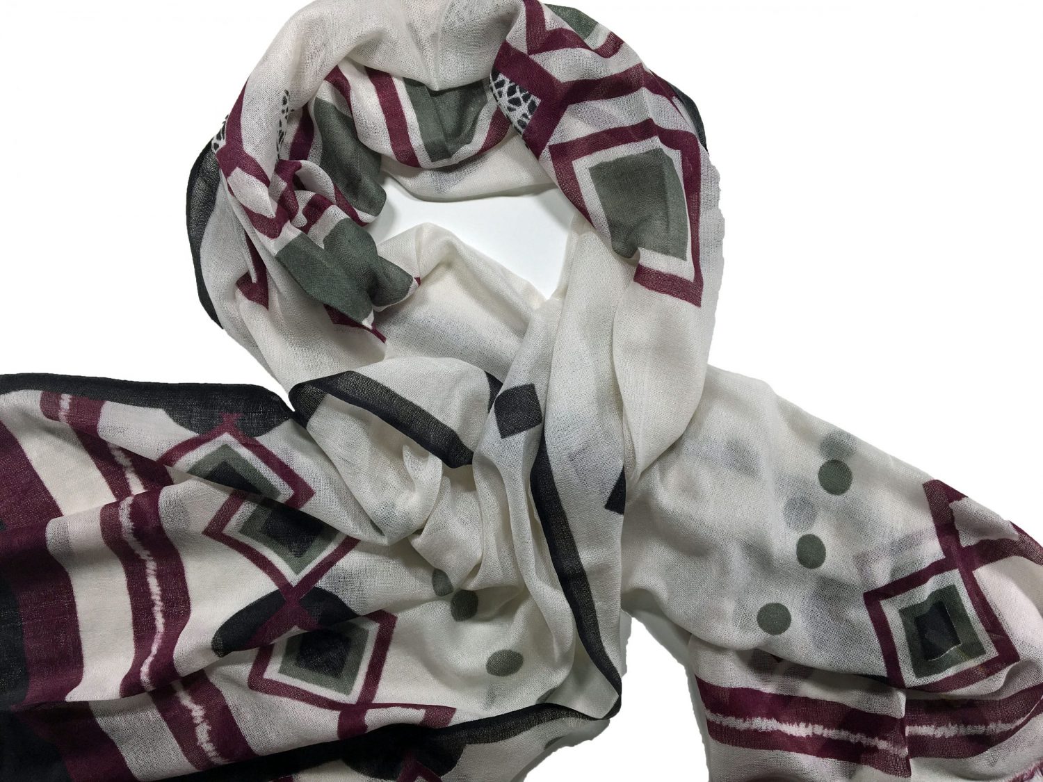 Burgundy and Gray Diamond Hand Painted Wool Print Scarf