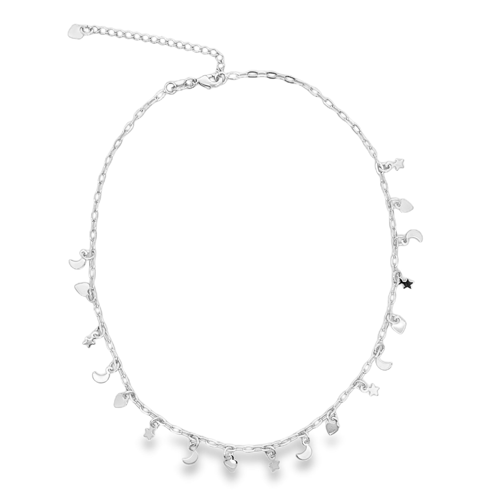 18K Rhodium Filled Round Paper Clip Chain Choker With Star, Moon, Heart Charms (G66)